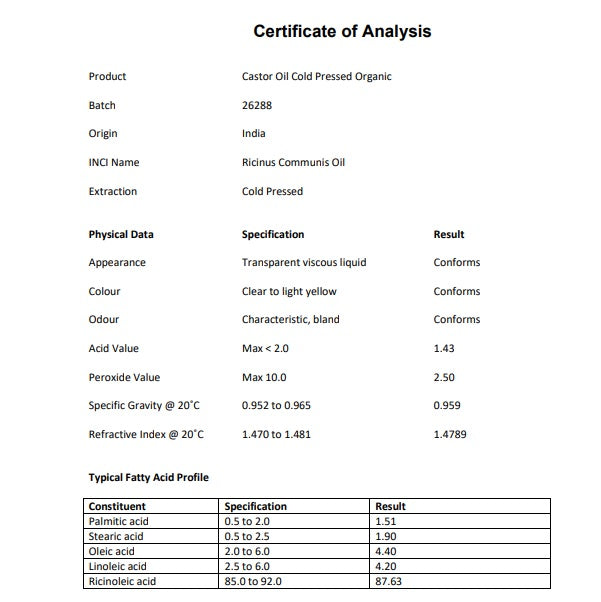 Organic Castor Oil Hexane Free